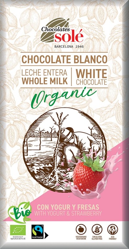 Bio bílá čokoláda s jogurtem a jahodami SOLE 100g